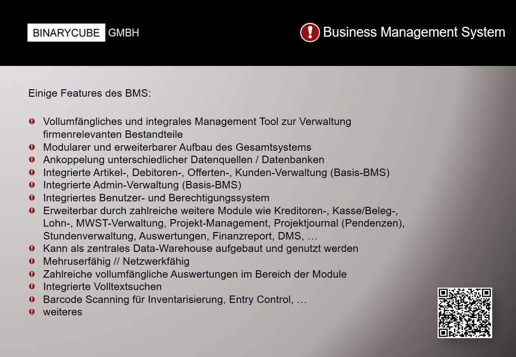 BINARYCUBE GMBH - Rüchligweg 55 - 4125 Riehen – Basel  - Schweiz // Vollumfängliche Informatiklösungen / ERP / CRM / Applikationen / Datenbanken / Konzeptionierung / Gesamt-Koordinationen / Erhaltungsplanung / Ingenieurwesen / Netzwerk / Software-Entwicklung / Schulungen / Projektportfolio / Infrastruktur-Koordination / GIS / Schnittstellen und weiteres